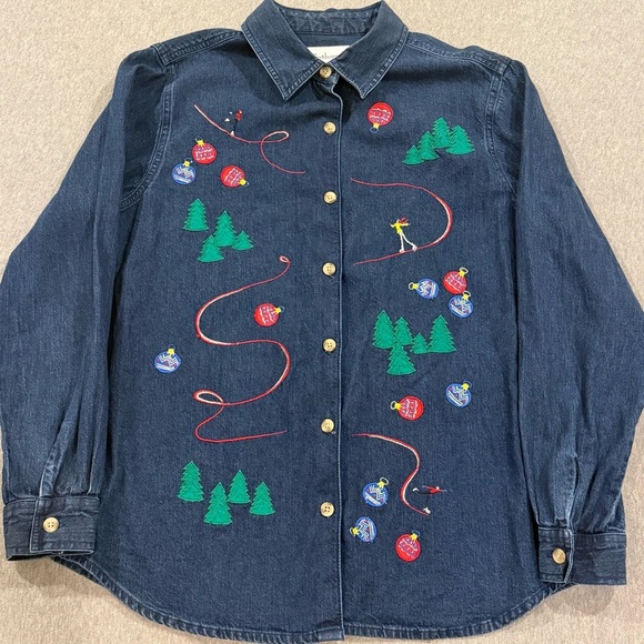 Vintage Westbound denim Christmas embroidered LG long sleeve button up shirt - Picture 1 of 7